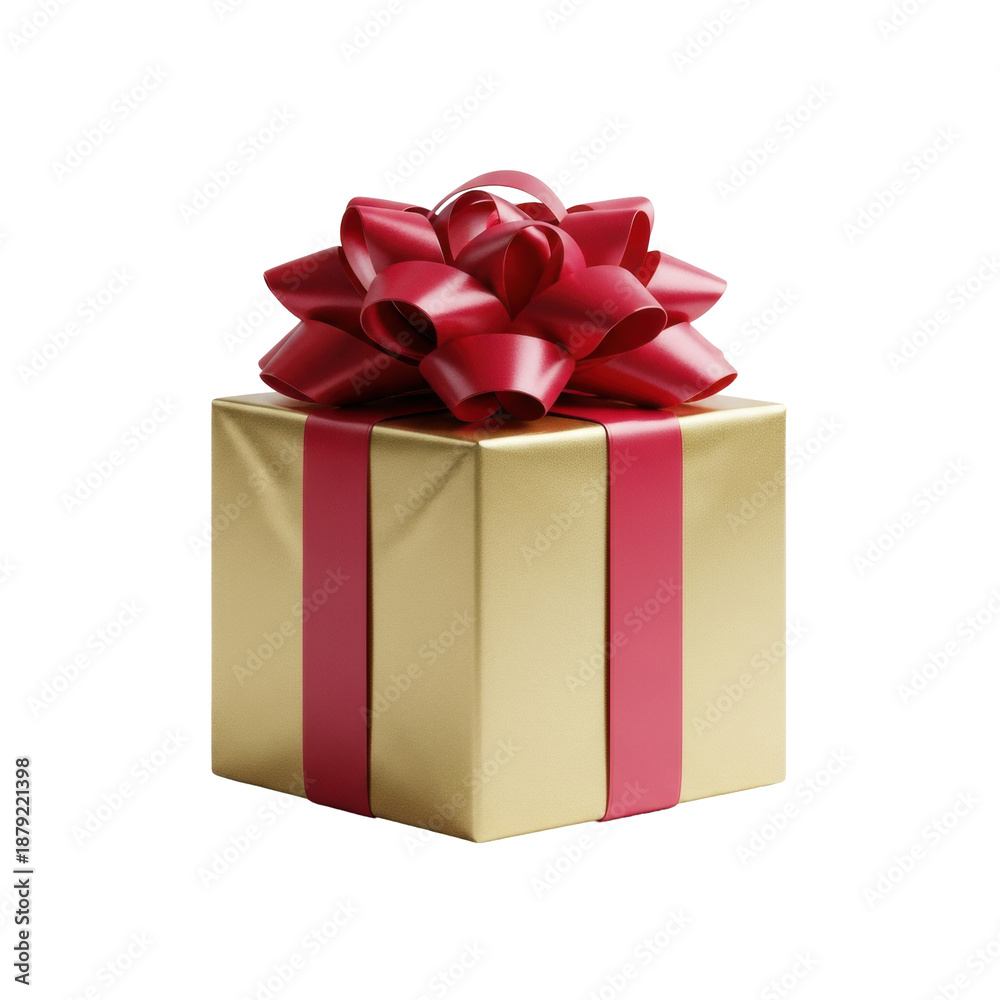 Fototapeta premium A metallic gold gift box with an elaborate red satin bow on a transparent background with significant copy space. Concept of luxury celebration