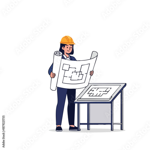Construction worker examining blueprints at drafting table.
