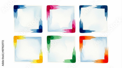 Colorful watercolor corner frames with white background, artistic decoration