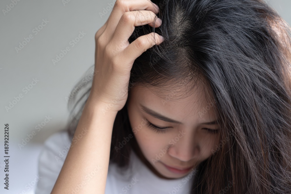 Fototapeta premium Woman experiencing hair loss or scalp issues.