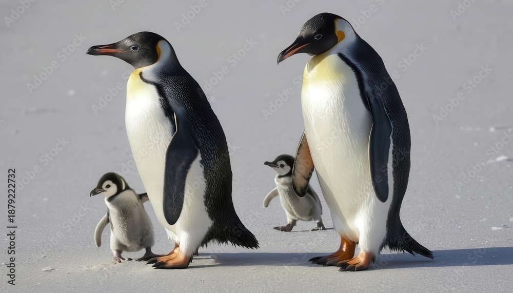 Fototapeta premium Penguin family walking on sand, wildlife photography, parental care, avian behavior, animal portraits, baby penguins, nature, Antarctica, cute