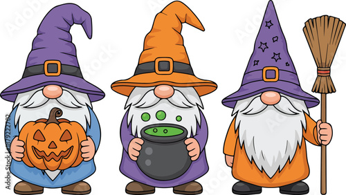Halloween Wizard Gnomes Vector Three Cute Gnomes with Pumpkin, Potion, and Broom