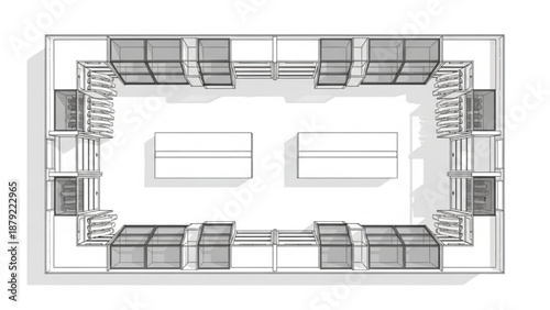 Top-down view of a modern retail store layout with display shelves and aisles