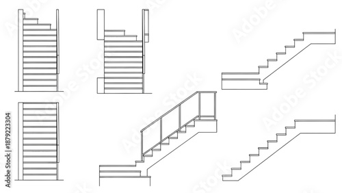 Architectural blueprints and technical drawings showcasing diverse stair designs for building construction