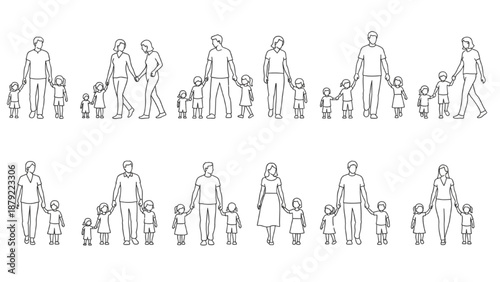 Various family groups including parents and children in a line drawing style