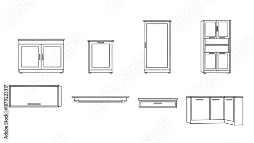 Various cabinet and drawer designs shown in architectural blueprint style