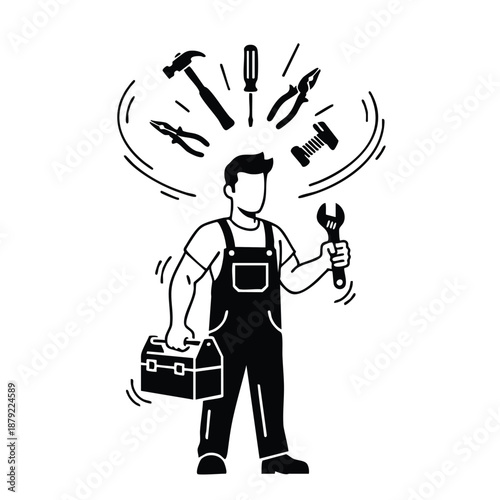 Handyman Worker With Tool Belt And Wrench.