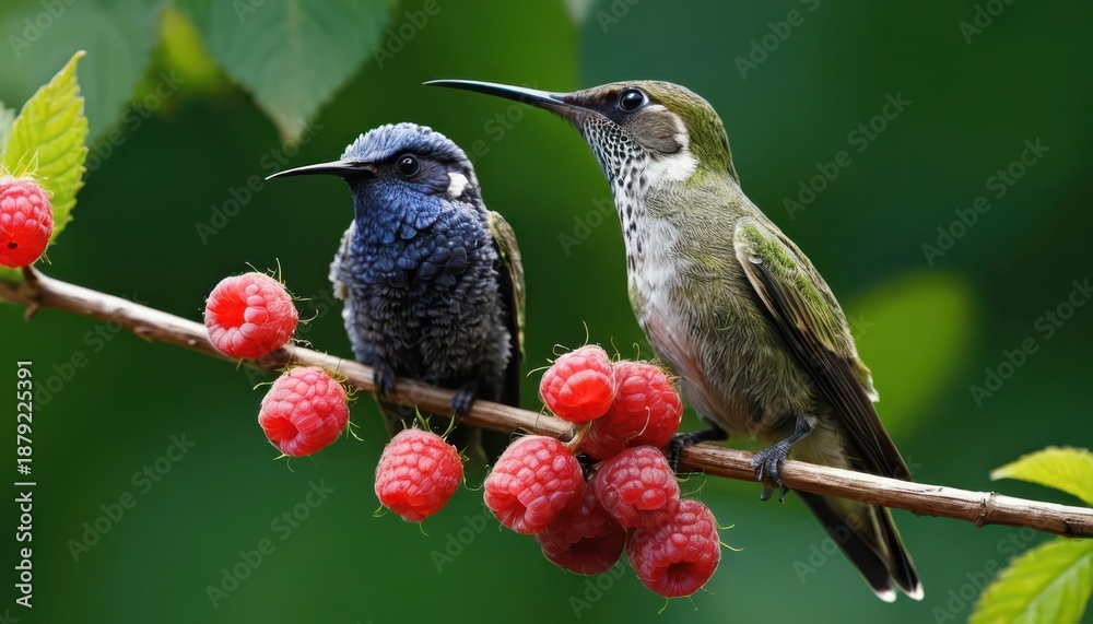 Fototapeta premium Hummingbirds Perched Two birds resting on a berry-laden branch, vibrant nature, close-up photography, summer scene, avian friends, colorful berries.
