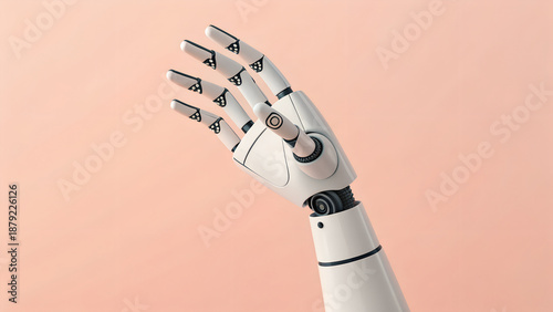 White Minimalist Robotic Hand Gesturing on Peach Background for Future Artificial Intelligence