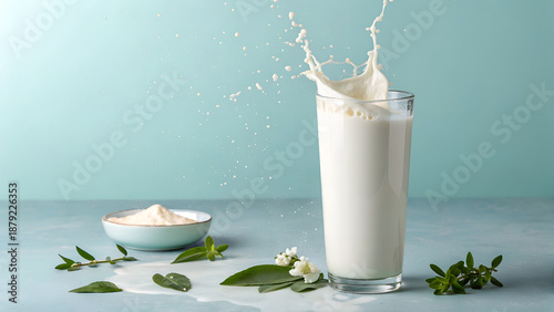 Refreshing Milk Splash in Glass with Protein Powder and Green Leaves