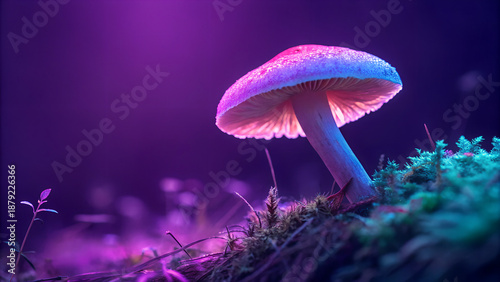 Glowing Bioluminescent Mushroom in Neon Purple Forest Fantasy Macro