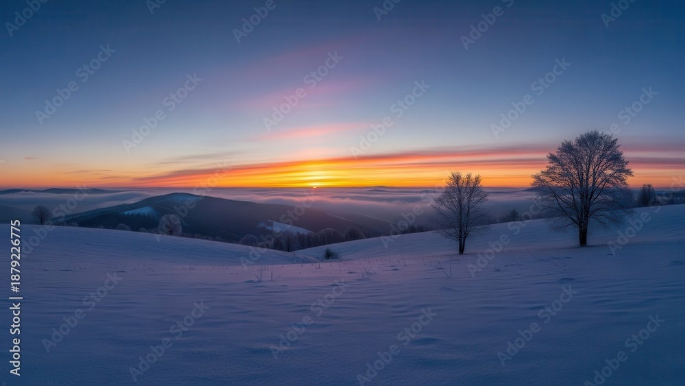 Obraz premium Photorealistic winter solstice background, distant horizon with sun just above snow line, minimal composition