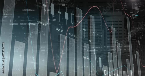 Live tick starting finance chart updating over city, bars changing, lines crossing, showing trends