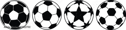 Four sports balls including soccer balls and a star-shaped ball on a plain background