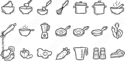 Assorted kitchen utensils and ingredients set against a clean white background, captured from a straightforward viewpoint showcasing various cooking essentials.