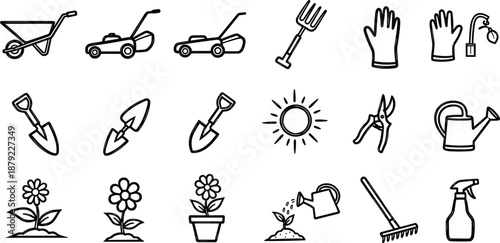 Gardening icons collection featuring various tools and plants in a simple line art style