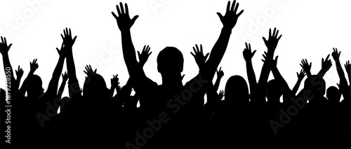 Black crowd silhouette of people with raised hands at concert or party event celebration, cad drawing flat vector illustration background