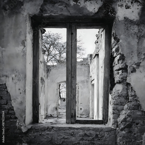 Abandoned Building Interior with Old Window and Crumbling Walls
