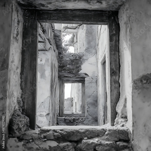 Abandoned Building Interior with Old Window and Crumbling Walls