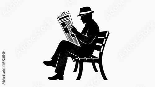 Man reading newspaper sitting on chair in black silhouette