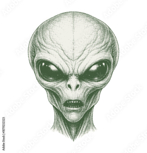 Vintage Alien Head Halftone Illustration isolated on transparent background, Generative AI