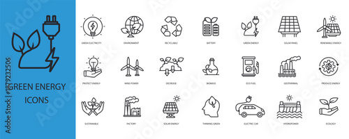 green energy icons set outline and Flat Style,transparent background