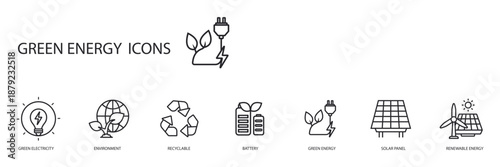 green energy icons set outline and Flat Style,transparent background