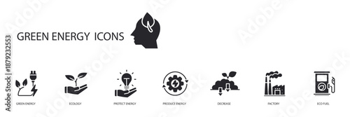 green energy icons set outline and Flat Style,transparent background