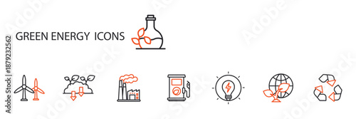 green energy icons set outline and Flat Style,transparent background