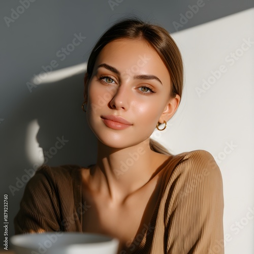 Young woman with natural beauty and soft smile in warm light