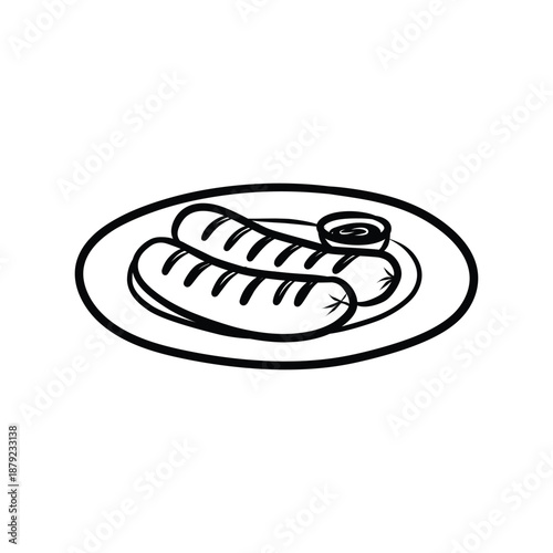 Grilled Sausages on Plate with Dipping Sauce Vector Illustration