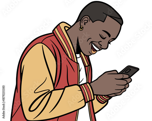 Hyper-Detailed Digital Art of Jubilant Man Texting Against Pure White Void