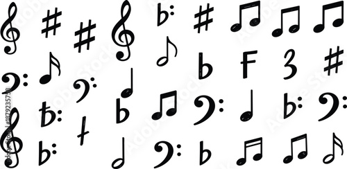 Collection of Various Musical Symbols and Notes on a White Background from a Direct Viewpoint