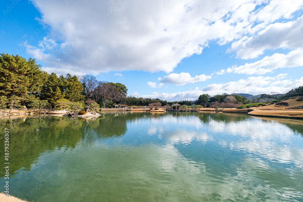 Fototapeta premium Korakuen in Okayama, Japan. It is a traditional Japanese Garden. It is one of the Three Great Gardens of Japan built in 1700s