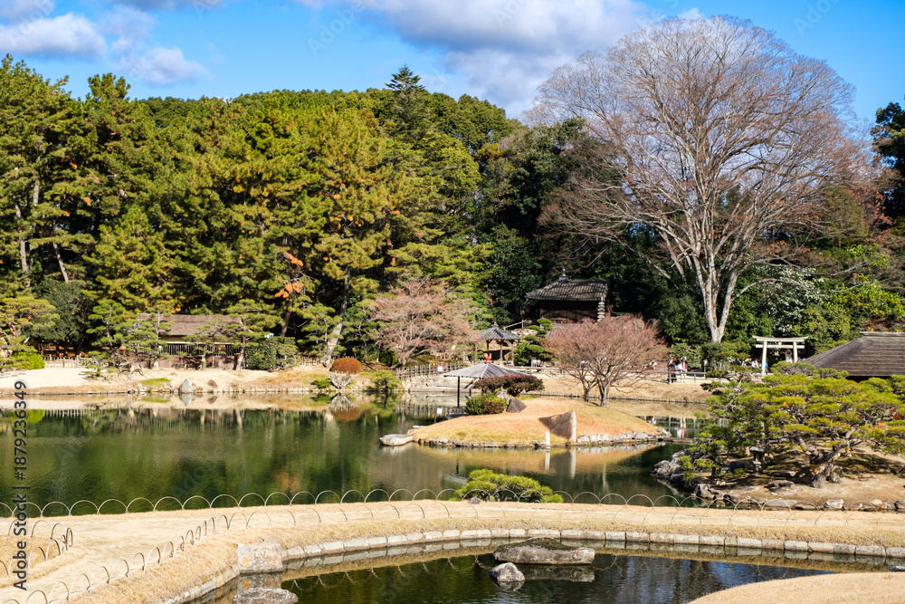 Fototapeta premium Korakuen in Okayama, Japan. It is a traditional Japanese Garden. It is one of the Three Great Gardens of Japan built in 1700s