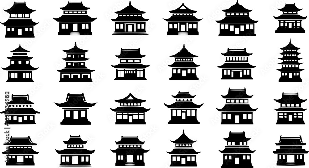 Obraz premium sillouette Various architectural structures, including traditional houses and pagodas icons set design 