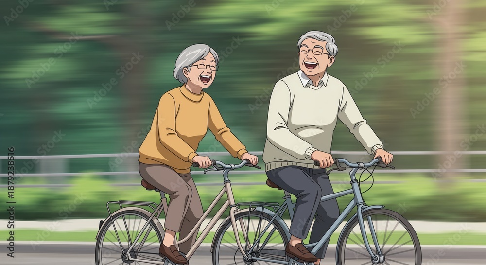 Obraz premium Joyful Ride of a Lifetime: An elderly couple shares a tender moment as they cycle together along a picturesque path, enjoying the freedom and companionship of a shared adventure.