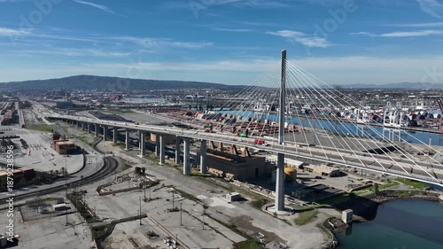 San Pedro, California, USA - Aerial View of Long Beach International Gateway Bridge Next to Terminal Island, CA at Port