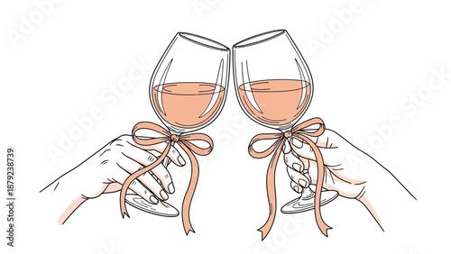 Two Glasses of Rose Wine Toasting with Ribbons Sketch
