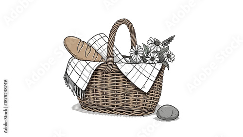 Wicker Picnic Basket with Bread and Wildflowers Sketch