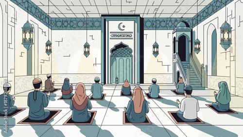 People gathered in a serene mosque for prayer, surrounded by peaceful architecture and soft lighting