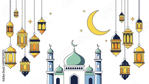 Mosque illustration with hanging lanterns and crescent moon symbolizing Islamic culture and traditions in a serene nighttime setting