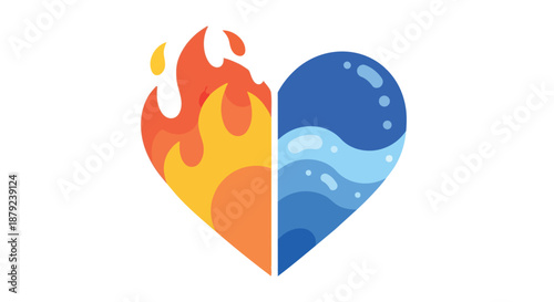 A graphic illustrating emotional equilibrium through a heart bisected into fiery passion and tranquil water symbolizing dynamic elemental interplay