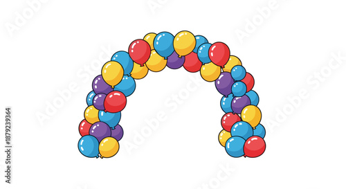 Vibrant balloon arch graphic, bursting with red yellow blue purple, a perfect festive decoration for cheerful events and joyous celebrations. Ideal