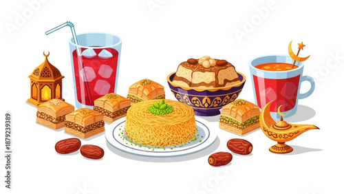 Traditional Middle Eastern Cuisine and Beverages on a Table Top View with Various Dishes and Drinks