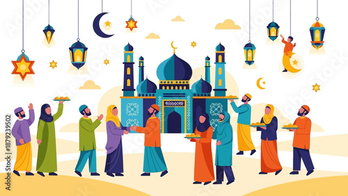 Celebration of Ramadan with people gathering around a mosque under hanging lanterns and stars