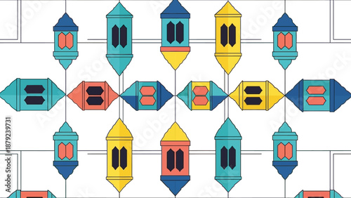 A vibrant pattern of colorful lanterns hanging from a grid structure, showcasing a festive atmosphere and cultural design.