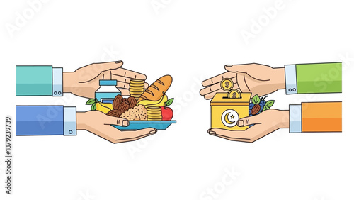 Hands exchanging food and money in a charitable act, showcasing generosity and kindness in a simple illustration