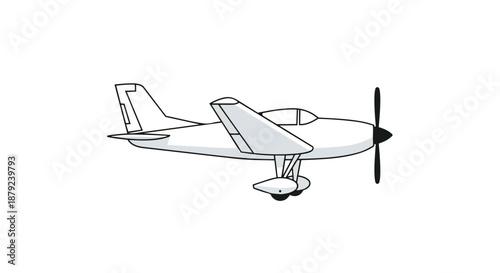 A detailed minimalist vector line art illustration of a single-engine propeller plane in motion, offering a clear visual for aviation and travel