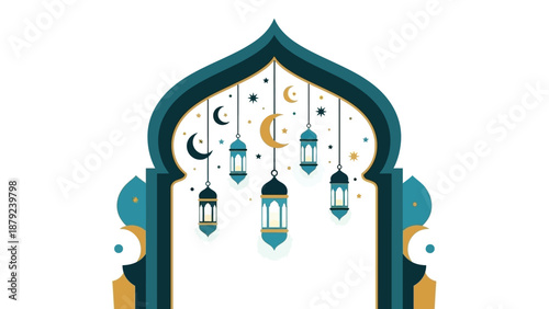 An ornate archway adorned with hanging lanterns and celestial motifs under a starry night sky